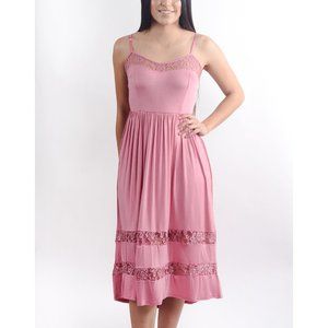 Rose Pink Spaghetti Strap Midi Dress with Lace